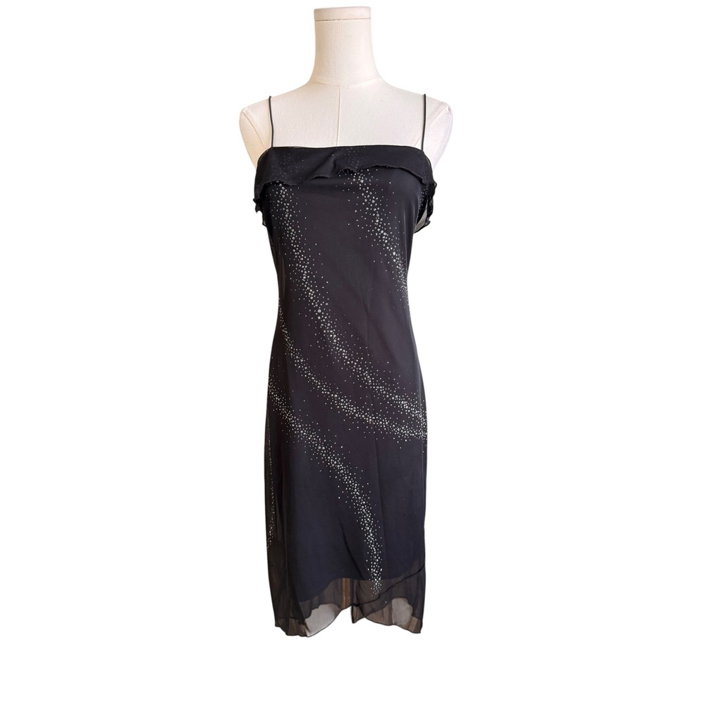 Byer Too! Vintage Black Glitter Ruffle High Low Midi Dress Size M Made in USA